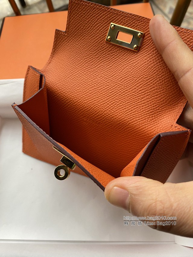 Hermes卡包 愛馬仕原版Kelly Pocket Epsom皮 Hermes新款小錢包 經典橙金扣  tdh2179